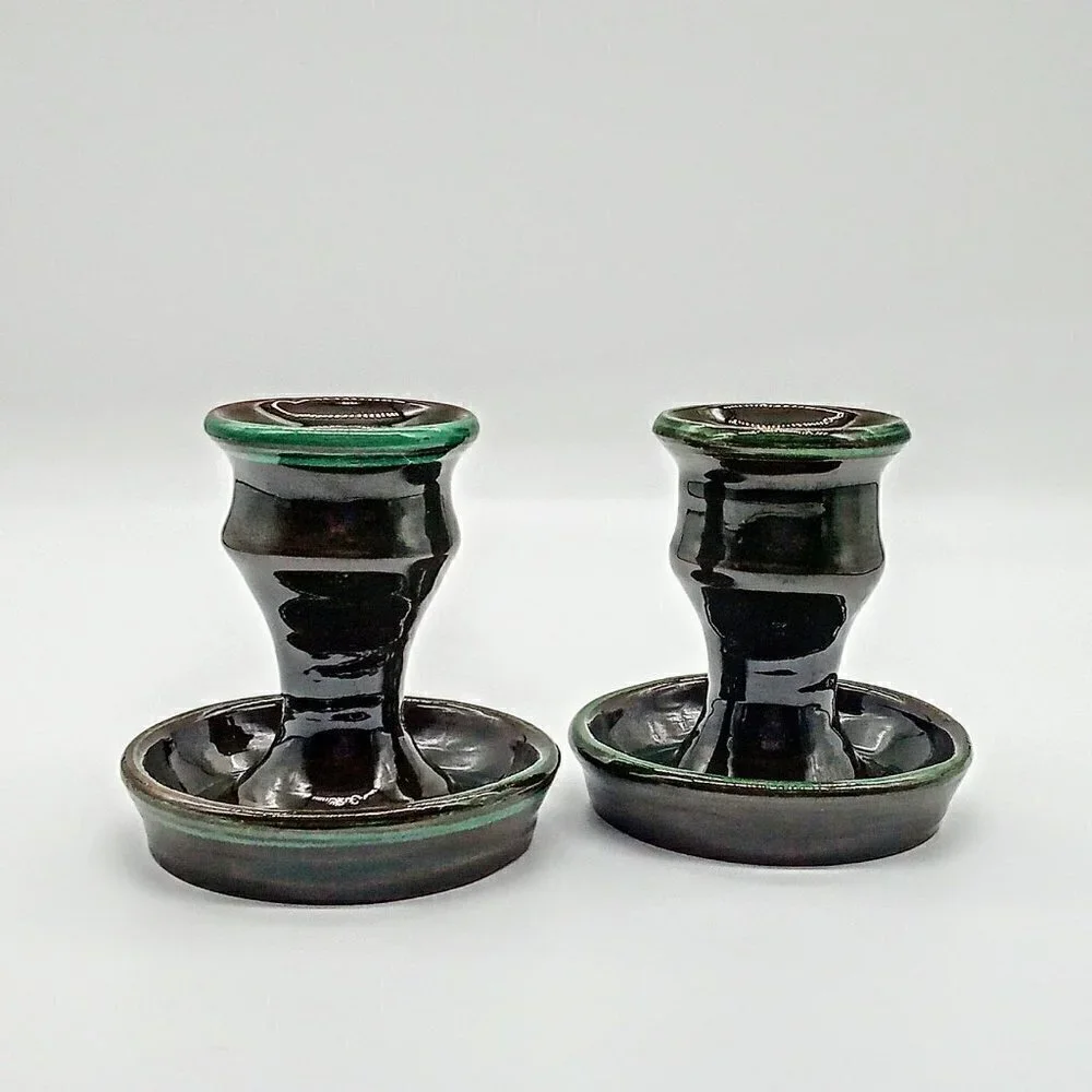 Green Glazed Red Clay Pottery Candle Holders (2)